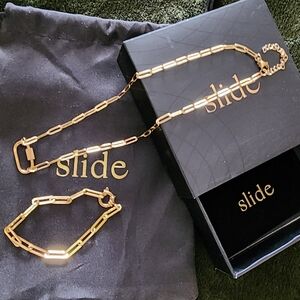 Slide Jewelry Stainless Steel Necklace Bracelet Set Designer Paperclip Style